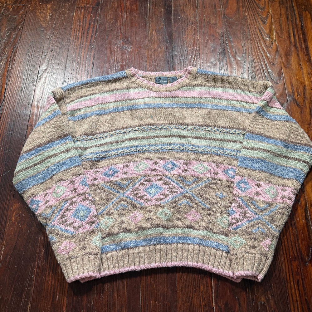 Vintage 90s Lizwear Sweater Women L Pastel Geometric Silk Wool Linen Blend Knit